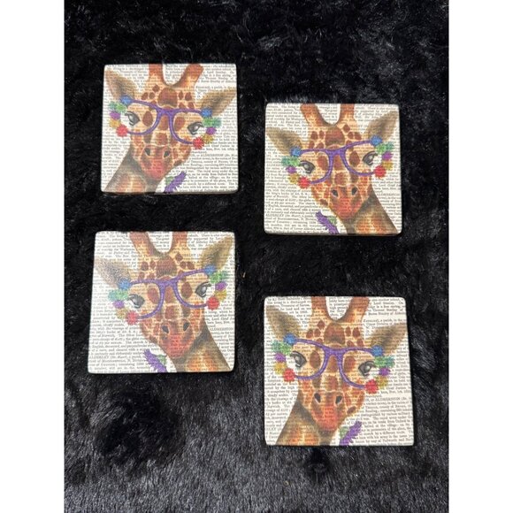 Set Of 4 Giraffe Coasters With Glasses Printed On Text Background Cork Backing - Picture 1 of 5